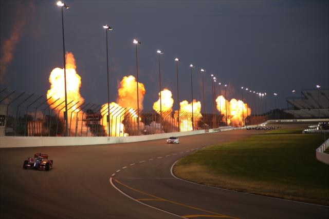 The pyrotechnics light up the sky during the parade laps prior to the start of the Bommarito Automotive Group 500 at Gateway Motorsports Park -- Photo by: Matt Fraver