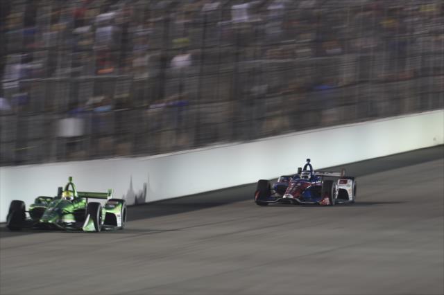 Spencer Pigot and Tony Kanaan streak down the frontstretch during the Bommarito Automotive Group 500 at Gateway Motorsports Park -- Photo by: Chris Owens