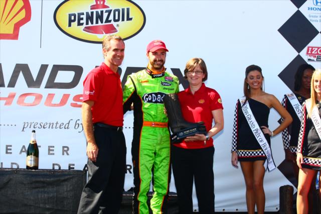 James Hinchcliffe accepts his 3rd place trophy for Race 2 of the Shell and Pennzoil Grand Prix of Houston -- Photo by: Bret Kelley
