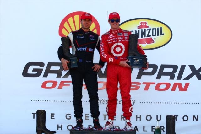 Will Power and Scott Dixon pose together as doubleheader race winners for the 2013 Shell and Pennzoil Grand Prix of Houston -- Photo by: Bret Kelley