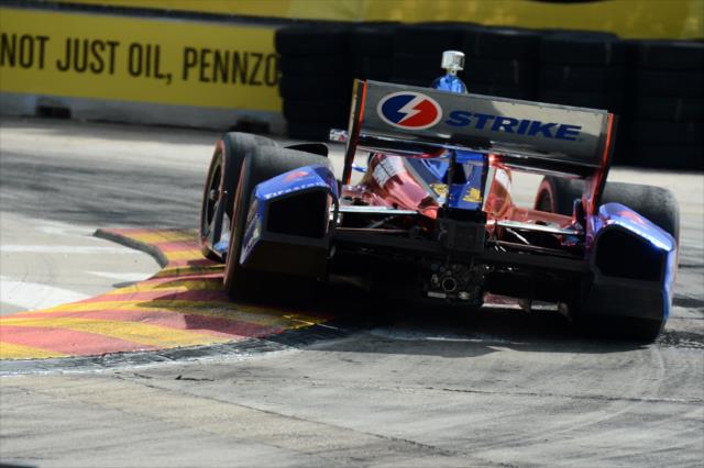 Josef Newgarden goes over the Turn 4 curbing during Race 2 of the Shell and Pennzoil Grand Prix of Houston -- Photo by: Chris Owens