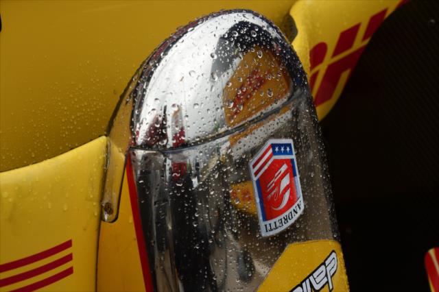 Rain droplets reflect off the glistening chrome of Ryan Hunter-Reay's nosecone -- Photo by: Chris Owens
