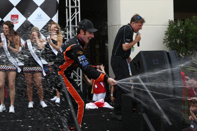 Simon Pagenaud celebrates after winning Race 2. -- Photo by: Chris Jones