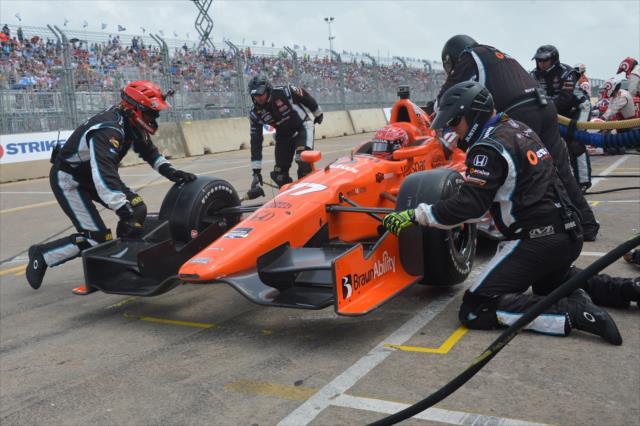 Simon Pagenaud's crew works on the car on pit road in Race 2. -- Photo by: Chris Owens