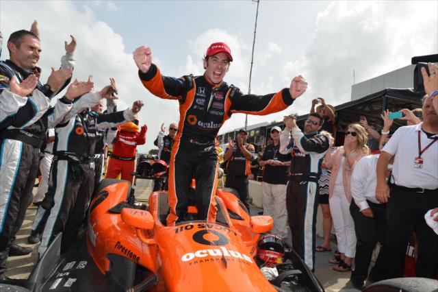 Simon Pagenaud celebrates his victory in Race 2. -- Photo by: Chris Owens