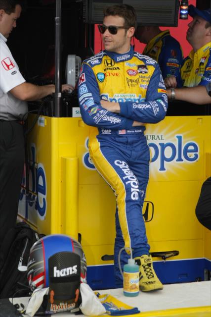 Marco Andretti waits on his pit box for the start of qualifying. -- Photo by: Joe Skibinski