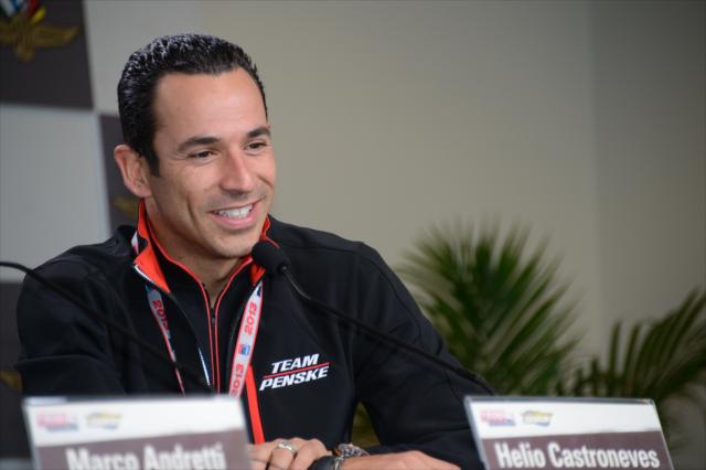 Helio Castroneves during a press conference -- Photo by: Chris Owens