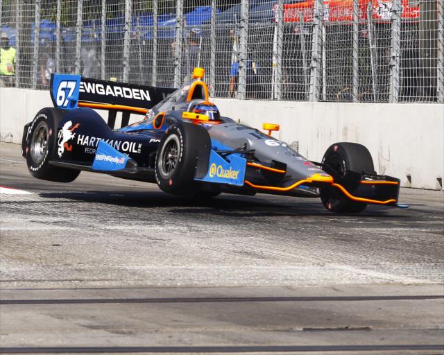 Josef Newgarden gets a little air in the chicane during the final warmup for the Grand Prix of Baltimore -- Photo by: Bret Kelley