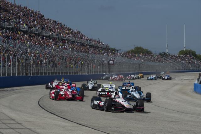 Will Power leads the field into Turn 1 during the start of the ABC Supply Wisconsin 250 at the Milwaukee Mile -- Photo by: Chris Owens