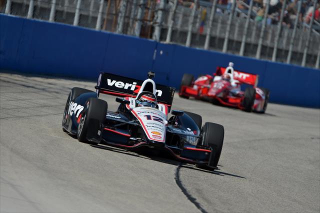 Will Power leads Tony Kanaan into Turn 1 during the ABC Supply Wisconsin 250 at the Milwaukee Mile -- Photo by: Chris Owens