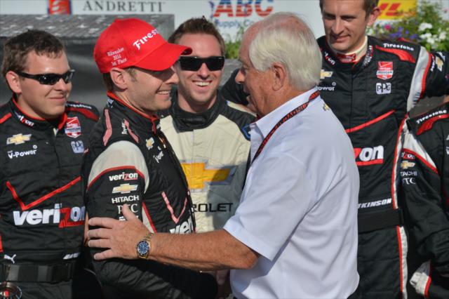 Will Power is congratulated by Roger Penske after winning the ABC Supply Wisconsin 250 at the Milwaukee Mile -- Photo by: Chris Owens