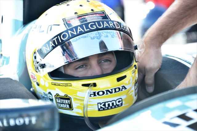 Graham Rahal gets strapped into his machine before the start of the GoPro Grand Prix of Sonoma at Sonoma Raceway -- Photo by: Chris Owens