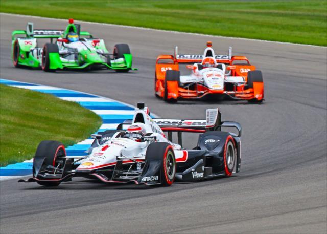 Will Power leads Simon Pagenaud and Sebastien Bourdais through Turn 14 during the Angie's List Grand Prix of Indianapolis at the Indianapolis Motor Speedway -- Photo by: Mike Harding