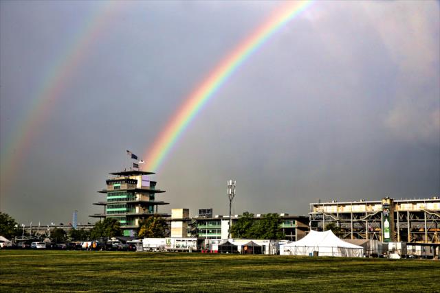 A double rainbow opens the morning of Fast Friday at the Indianapolis Motor Speedway -- Photo by: Bret Kelley