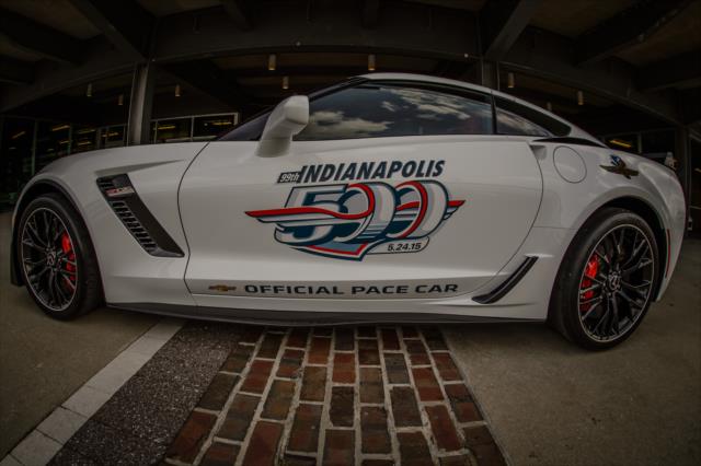 The 2015 Indianapolis 500 Chevrolet Corvette pace car sits under the pagoda -- Photo by: Forrest Mellott