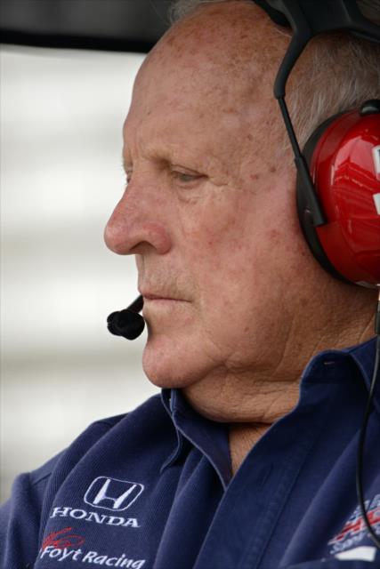 A.J. Foyt sits in his team's pit stand during practice for the Indianapolis 500 at the Indianapolis Motor Speedway -- Photo by: Walter Kuhn