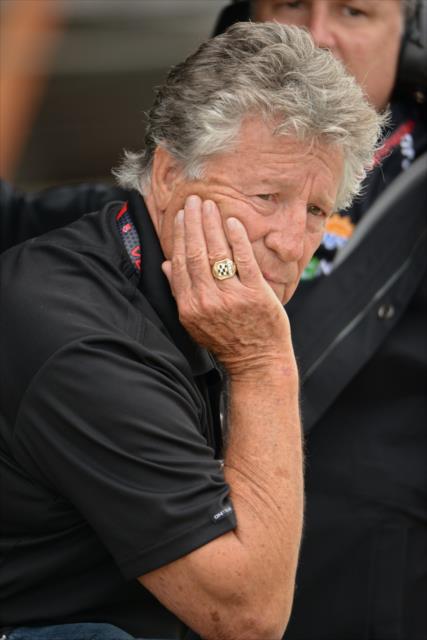 Mario Andretti watches from the Andretti Autosport pit stand during practice for the Indianapolis 500 at the Indianapolis Motor Speedway -- Photo by: Walter Kuhn