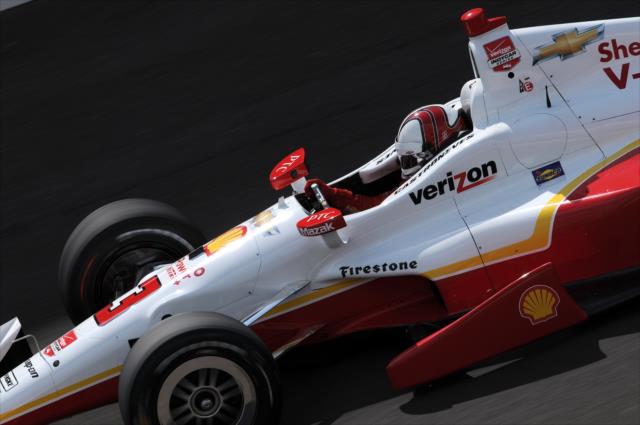Helio Castroneves on course during practice for the Indianapolis 500 at the Indianapolis Motor Speedway -- Photo by: Walter Kuhn