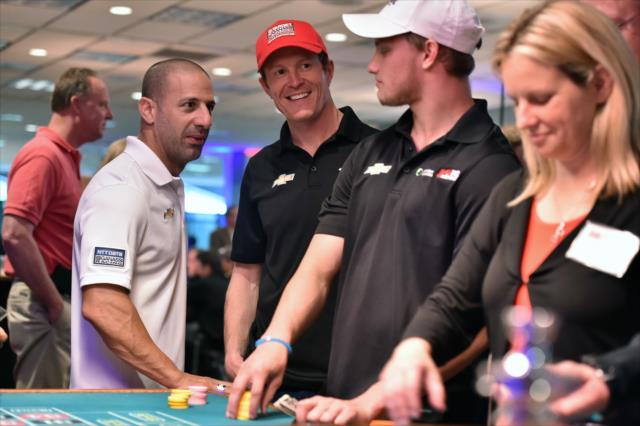 Tony Kanaan, Scott Dixon, and Sage Karam at the annual casino night at the Indianapolis Motor Speedway -- Photo by: Chris Owens