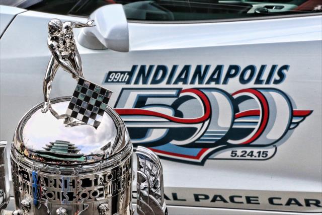 Borg-Warner Trophy with the Indianapolis 500 pace car -- Photo by: Bret Kelley