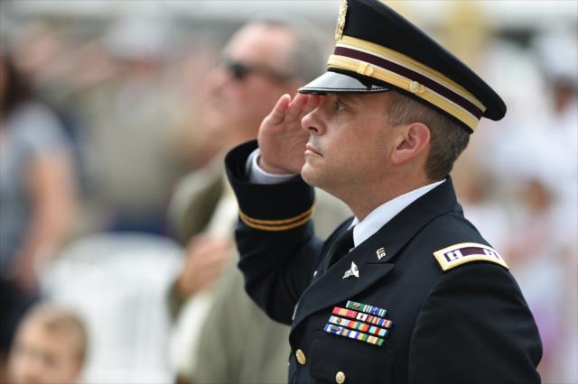 Military members during the enlistment ceremony at the Indianapolis Motor Speedway during Old National Armed Forces Pole Day -- Photo by: John Cote