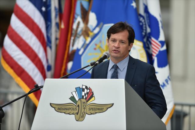 IMS President, Doug Boles, during the enlistment ceremony at the Indianapolis Motor Speedway during Old National Armed Forces Pole Day -- Photo by: John Cote