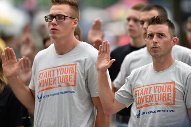 Military recruits during the enlistment ceremony at the Indianapolis Motor Speedway during Old National Armed Forces Pole Day -- Photo by: John Cote