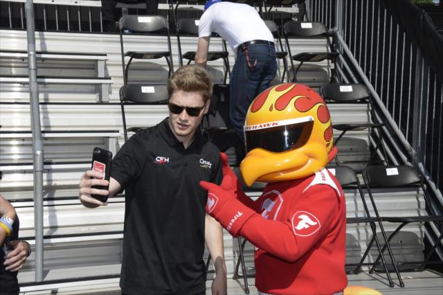 Josef Newgarden takes a selfie with the Firestone Firehawks during the public drivers meeting at the Indianapolis Motor Speedway -- Photo by: Jim Haines