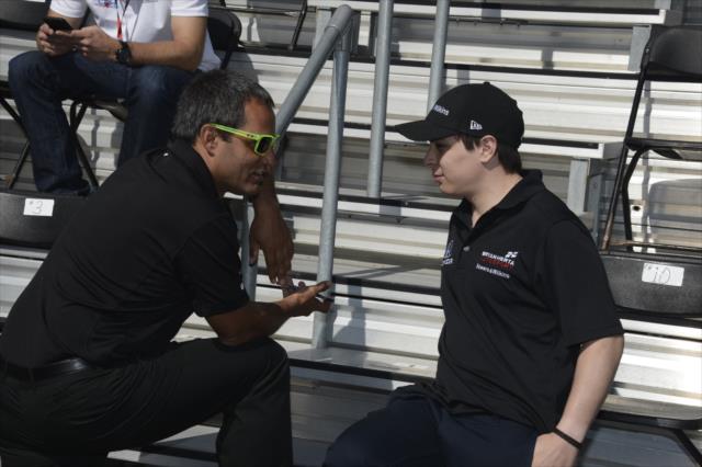 Juan Pablo Montoya chats with Gabby Chaves during the public drivers meeting at the Indianapolis Motor Speedway -- Photo by: Jim Haines