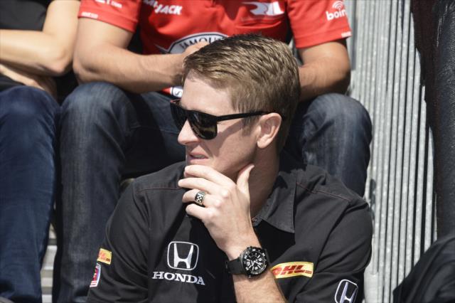 Ryan Hunter-Reay sits on the stage during the public drivers meeting at the Indianapolis Motor Speedway -- Photo by: Jim Haines