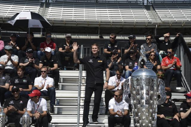 2014 Indy 500 winner Ryan Hunter-Reay is announced to the crowd during the public drivers meeting at the Indianapolis Motor Speedway -- Photo by: Jim Haines