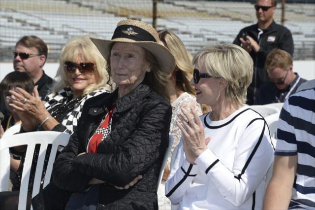 Mari Hulman George and Florence Henderson during the public drivers meeting at the Indianapolis Motor Speedway -- Photo by: Jim Haines