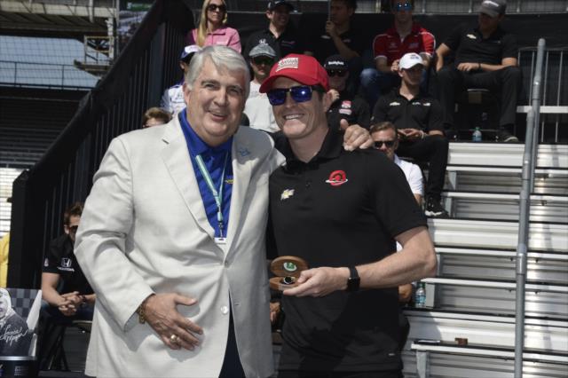 Scott Dixon accepts his qualifiers ring during the public drivers meeting at the Indianapolis Motor Speedway -- Photo by: Jim Haines