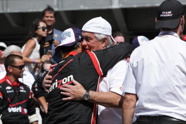 Juan Pablo Montoya celebrates after winning the 99th Running of the Indianapolis 500 -- Photo by: Joe Skibinski