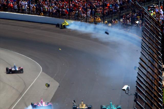 Sage Karam crashes during the 99th Running of the Indianapolis 500 -- Photo by: Mike Harding