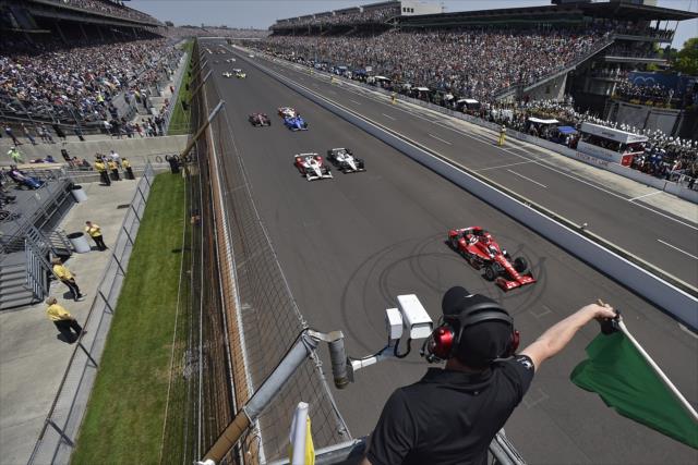 Patrick Dempsey waves green flag to start the Indy 500 -- Photo by: Walter Kuhn