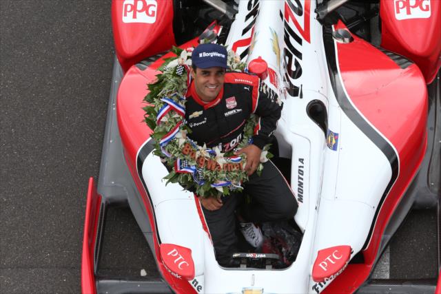 Juan Pablo Montoya wins the 99th running of the Indianapolis 500 at the Indianapolis Motor Speedway - Borg-Warner hat -- Photo by: Chris Jones