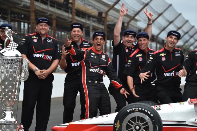 Juan Pablo Montoya wins 99th running of the Indy 500 at the Indianapolis Motor Speedway with crew -- Photo by: Chris Owens