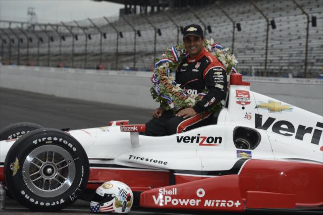 Juan Pablo Montoya wins 99th running of the Indianapolis 500 at the Indianapolis Motor Speedway in Chevy hat -- Photo by: Jim Haines