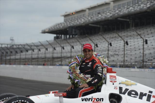 Juan Pablo Montoya wins 99th running of the Indianapolis 500 at the Indianapolis Motor Speedway in Firestone hat -- Photo by: Jim Haines