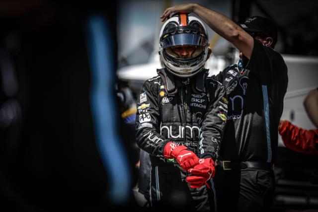 Helio Castroneves gets prepped on pit lane prior to qualifications for the Angie's List Grand Prix of Indianapolis -- Photo by: Shawn Gritzmacher