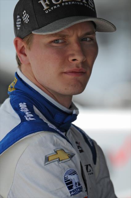 Josef Newgarden in his pit stand following practice for the Angie's List Grand Prix of Indianapolis -- Photo by: Walter Kuhn