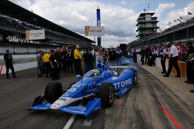 Tony Kanaan exits pit lane during qualifications for the 100th Running of the Indy 500 presented by PennGrade Motor Oil -- Photo by: Chris Jones