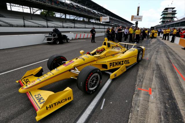 Helio Castroneves exits pit lane during qualifications for the 100th Running of the Indy 500 presented by PennGrade Motor Oil -- Photo by: Chris Jones