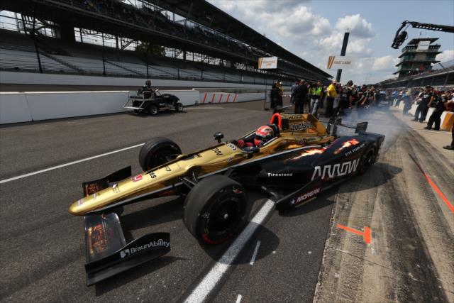 James Hinchcliffe peels out of pit lane for his qualification attempt for the 100th Indianapolis 500 -- Photo by: Chris Jones