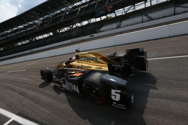 James Hinchcliffe leaves pit lane for his qualification attempt for the 100th Indianapolis 500 -- Photo by: Chris Jones