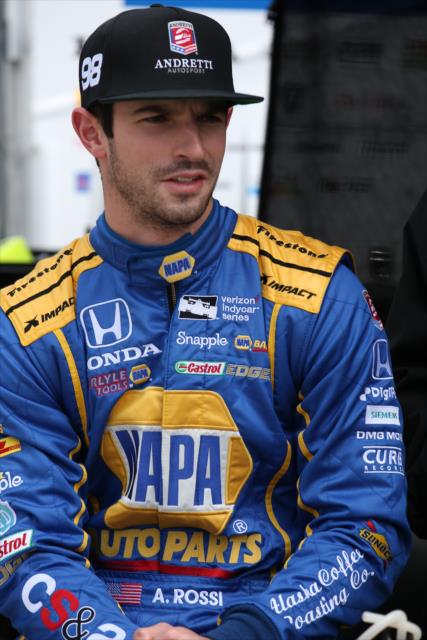 Alexander Rossi stands in pit lane during practice for the 100th Running of the Indy 500 presented by PennGrade Motor Oil -- Photo by: Chris Jones