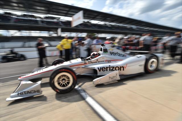 Juan Pablo Montoya peels out of pit lane for his qualification attempt during the Opening Day of Qualifications for the 100th Indianapolis 500 -- Photo by: Chris Owens