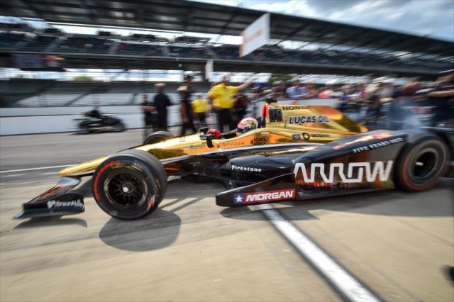 James Hinchcliffe peels out of pit lane for his qualification attempt during the Opening Day of Qualifications for the 100th Indianapolis 500 -- Photo by: Chris Owens