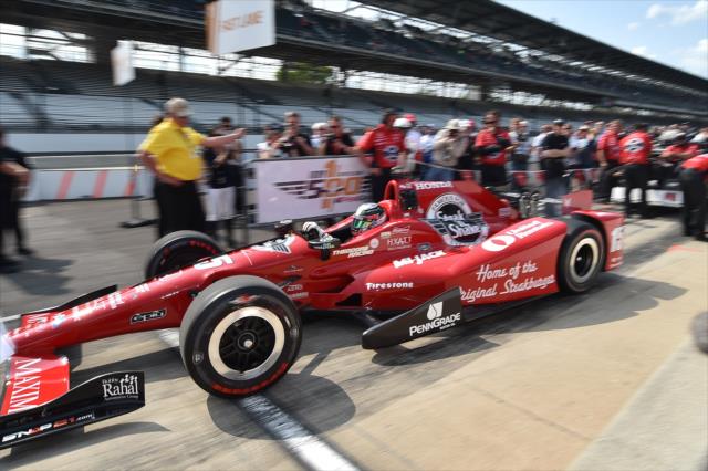 Graham Rahal peels out of pit lane for his qualification attempt during the Opening Day of Qualifications for the 100th Indianapolis 500 -- Photo by: Chris Owens